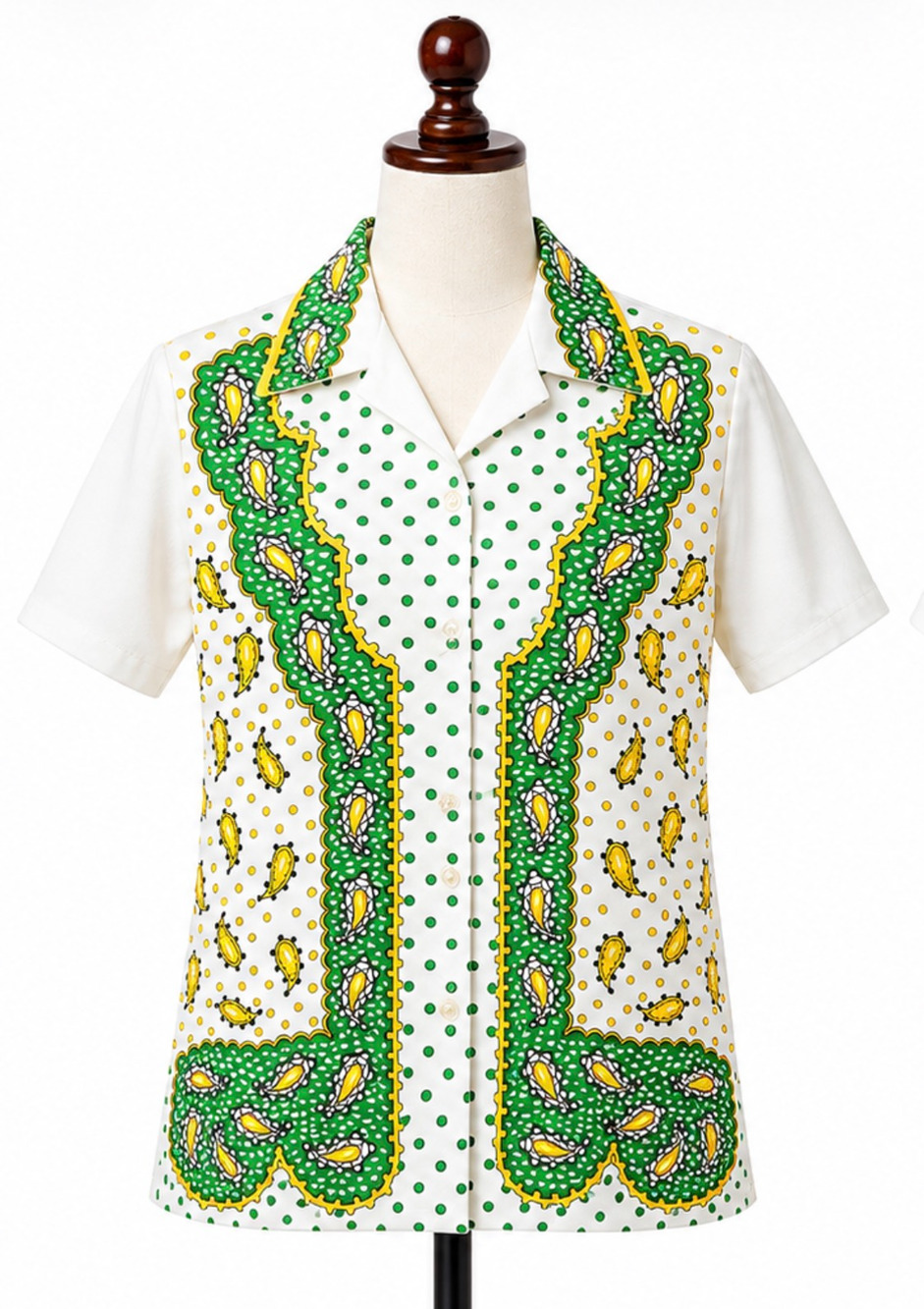 Vintage 70s Women’s L White Button Down Shirt Green Daggar Collar Short Sleeve